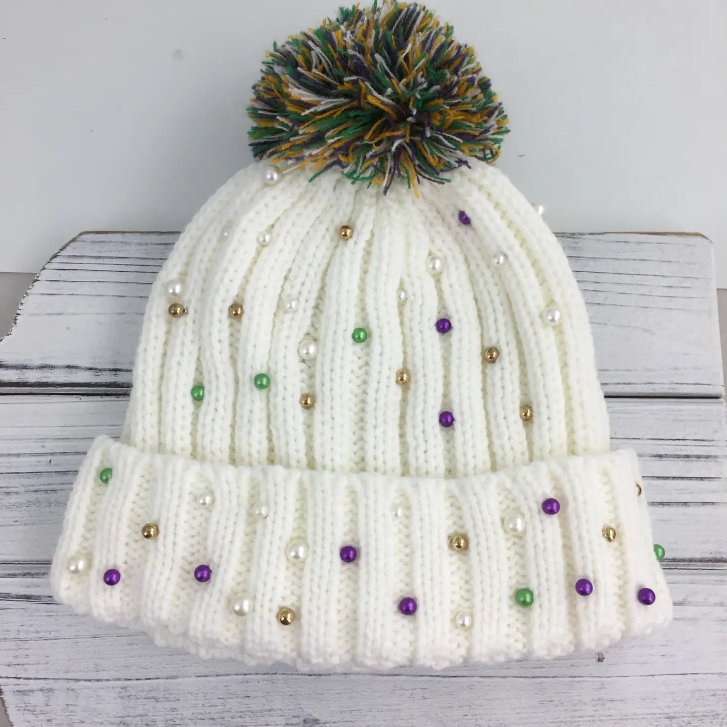 Mardi Gras Pearl Beanie Hat with Pom Pom