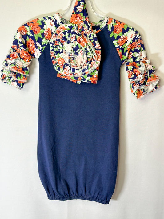 Girl Ruffle Raglan Flower Print Gown/Hat/Muslin