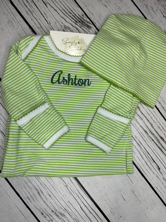 Infant Green Stripe Gown w/Hat set