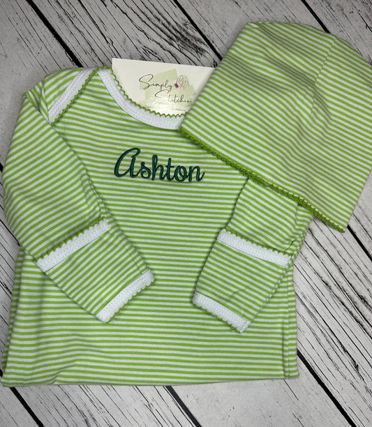 Green Stripe Gown/Hat/Muslin Set